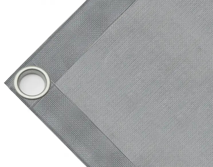 Bâche couverture de benne en PVC haute ténacité, poids 280g/m². Bâche microperforée, non imperméable, grise. Œillets 40 mm